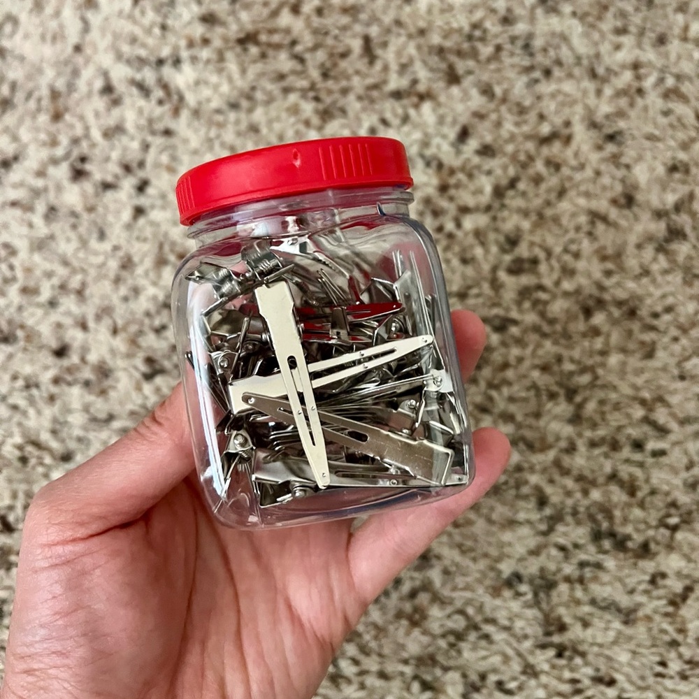 Red Lid Jar with Silver Hair Clips